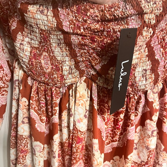Lulus Carefree Babe Rusty RoseBoho Print Off Shoulder Mini Dress - Picture 6 of 8